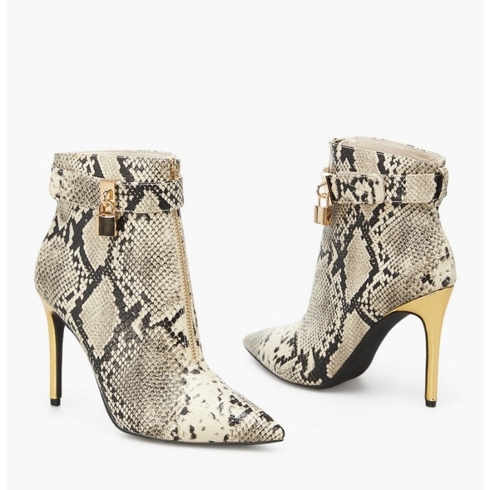 Chic Snakeskin Heeled Boots with Gold Lock Detail